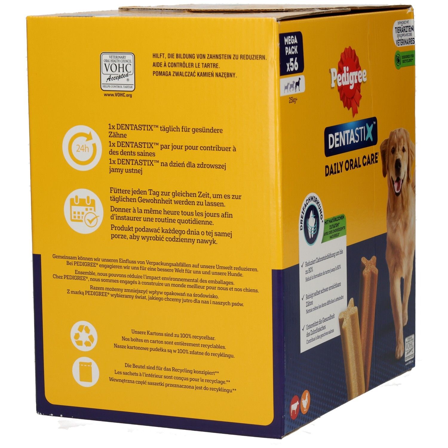 Pedigree Denta Stix Large Mega Pack 56 Stk. Rückseite mit Informationen und Siegeln.