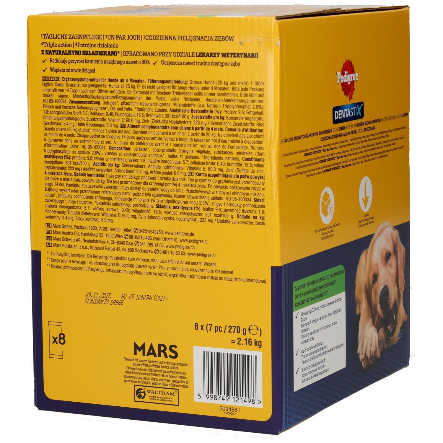 Pedigree Denta Stix Large Mega Pack 56 Stk. mit Golden Retriever und Siegeln.