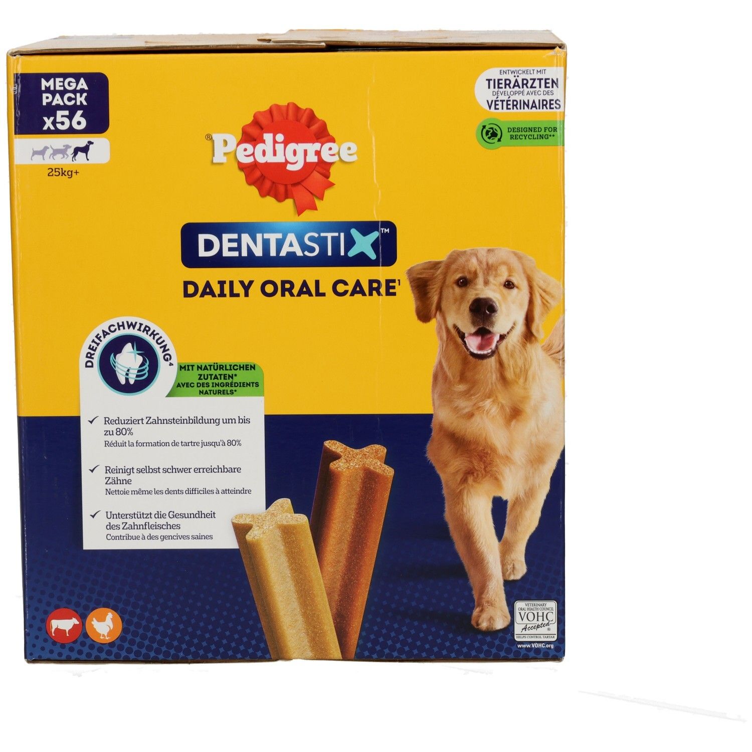 Pedigree Denta Stix Large Mega Pack 56 Stk. mit Golden Retriever und Siegeln.
