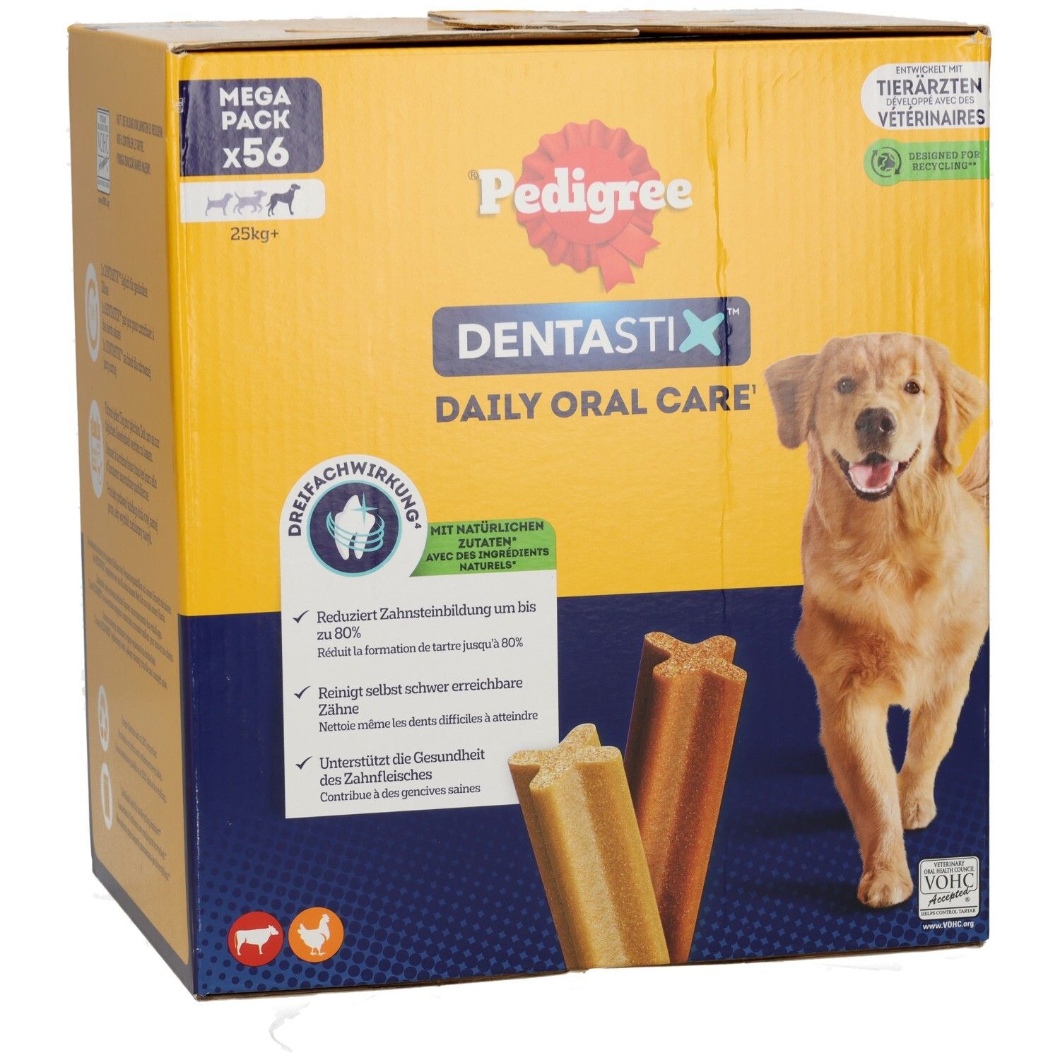 Pedigree Denta Stix Large Mega Pack 56 Stk. mit Golden Retriever und Siegeln.