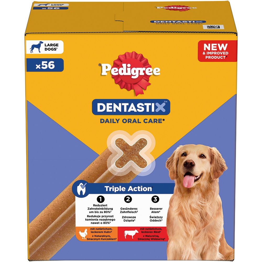 Pedigree Denta Stix Large Packung mit 56 Stk. für Hunde. Mit Golden Retriever.