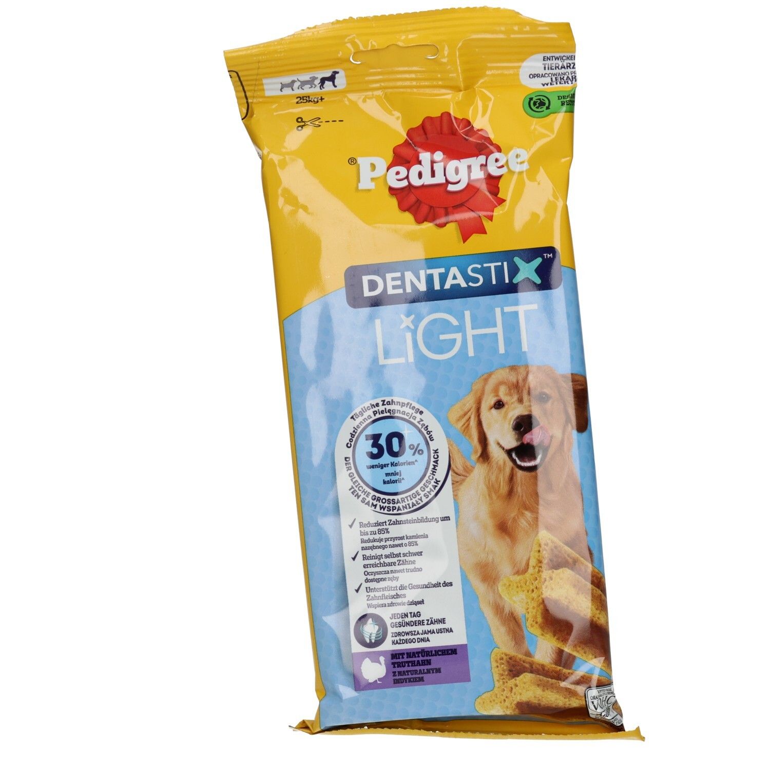 Pedigree Denta Stix Light für große Hunde, 4 Stück. Gelbe Verpackung mit Hundemotiv und Produktabbildung.