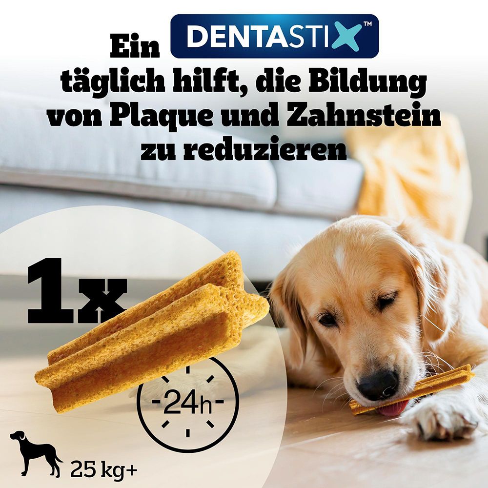 Ein Hund kaut auf Pedigree Denta Stix Light. Text: 'Ein täglich hilft, die Bildung von Plaque und Zahnstein zu reduzieren'.