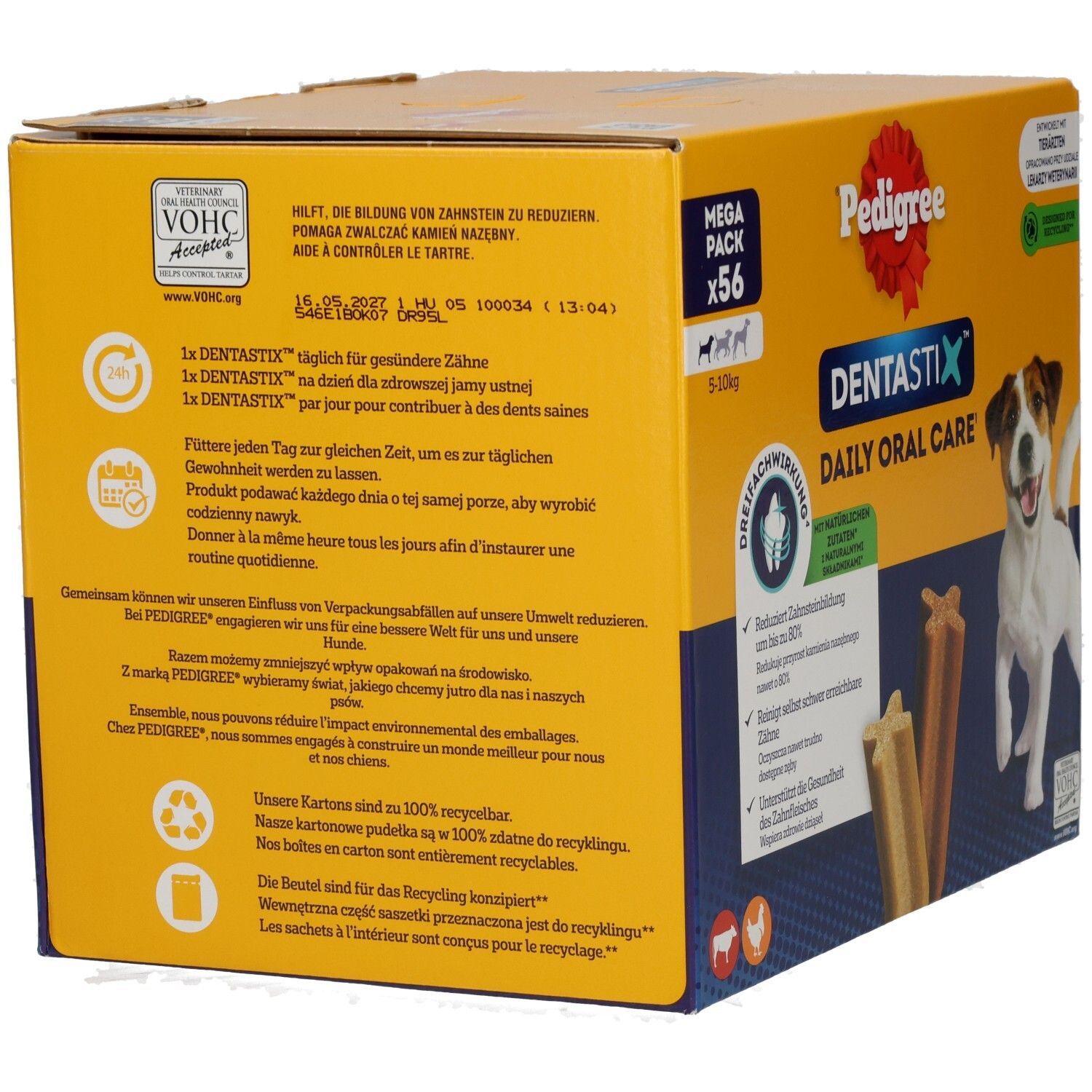 Rückseite einer Pedigree DentaStix Box mit Produktinformationen.