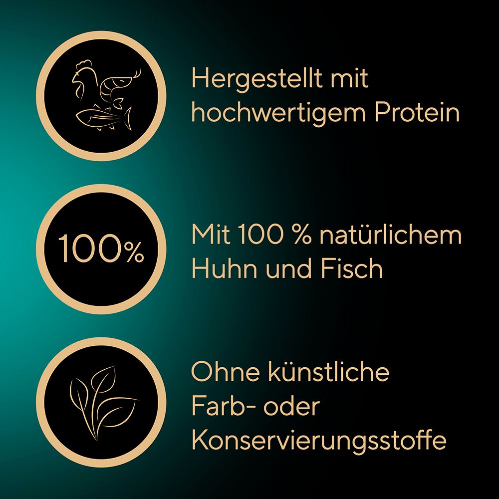 Sheba Filets: Hochwertiges Protein, 100% Hühnchen und Fisch, ohne künstliche Zusätze.