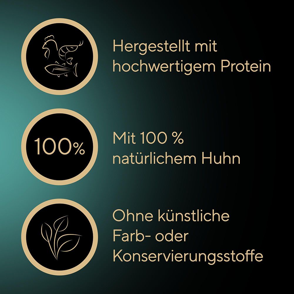 Sheba Filets: Hergestellt mit hochwertigem Protein, 100% natürlichem Huhn, ohne künstliche Farb- oder Konservierungsstoffe.