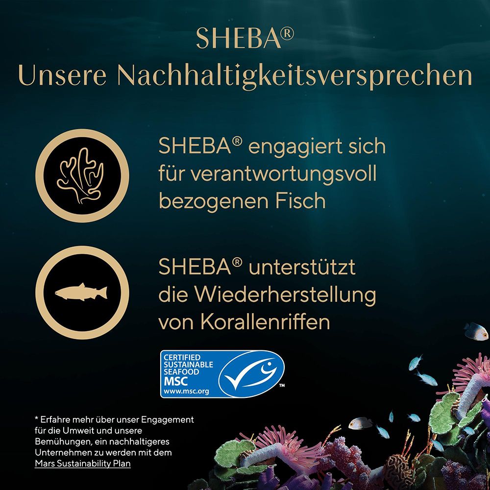 Sheba Nachhaltigkeitsversprechen: Verantwortungsoll bezogener Fisch, Unterstützung der Korallenriff-Wiederherstellung. MSC-Zertifizierung.
