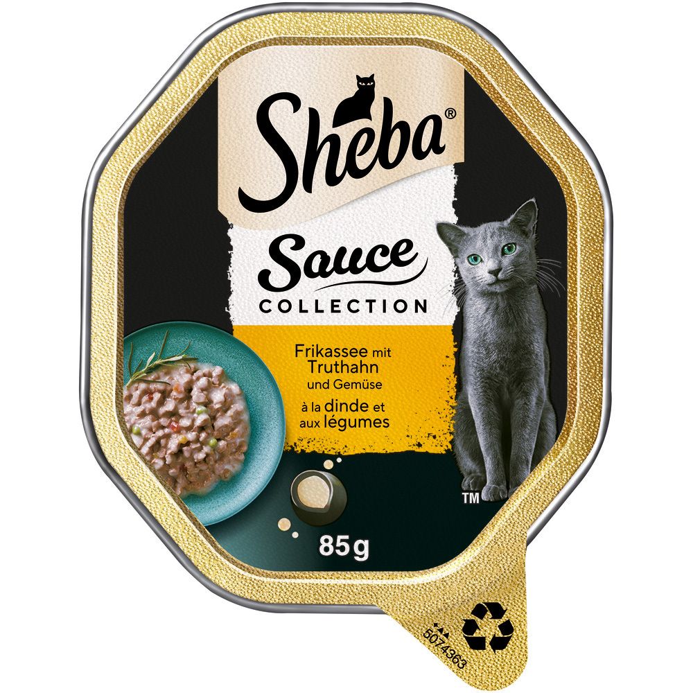 Sheba Schale 85g Frikassee mit Truthahn und Gemüse. Enthält eine kleine Schale mit Futter und eine Katze.