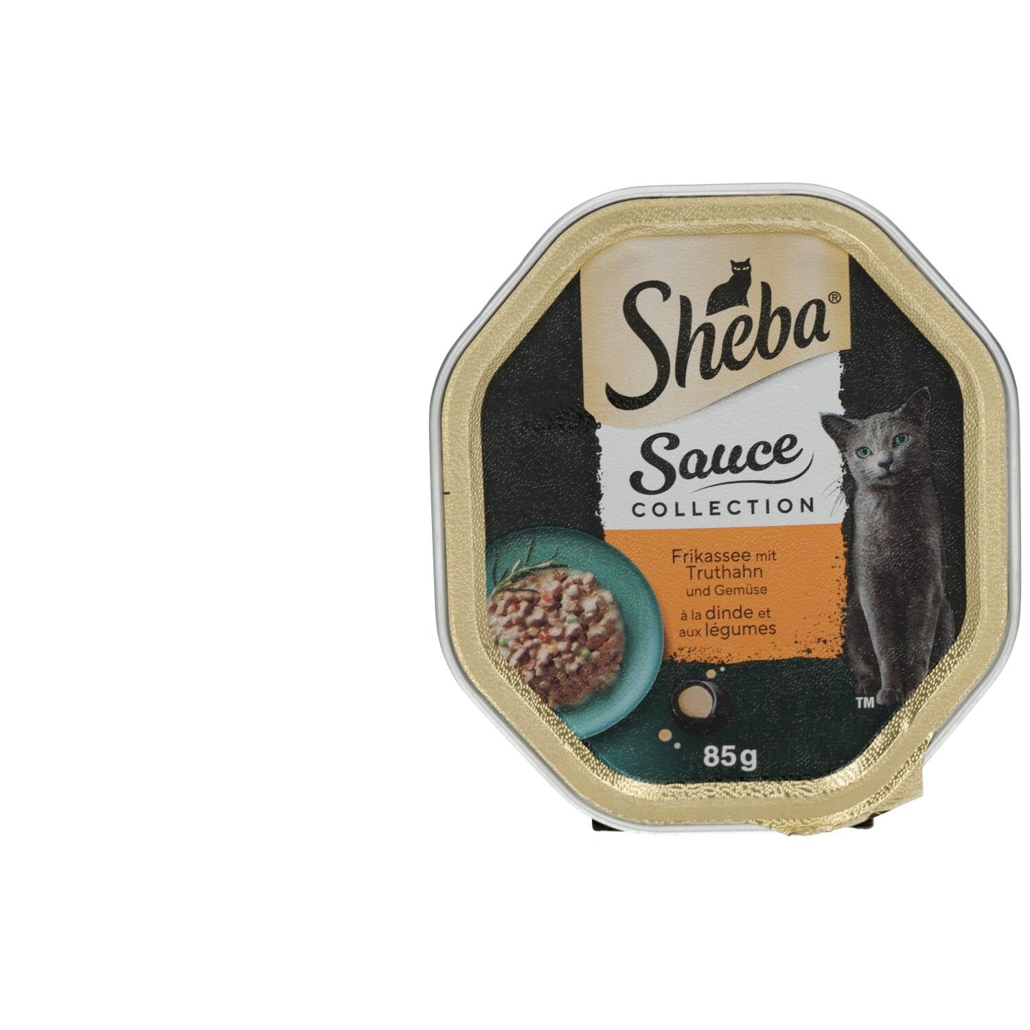 Sheba Schale 85g Frikassee mit Truthahn und Gemüse. Enthält eine kleine Schale mit Futter und eine Katze.