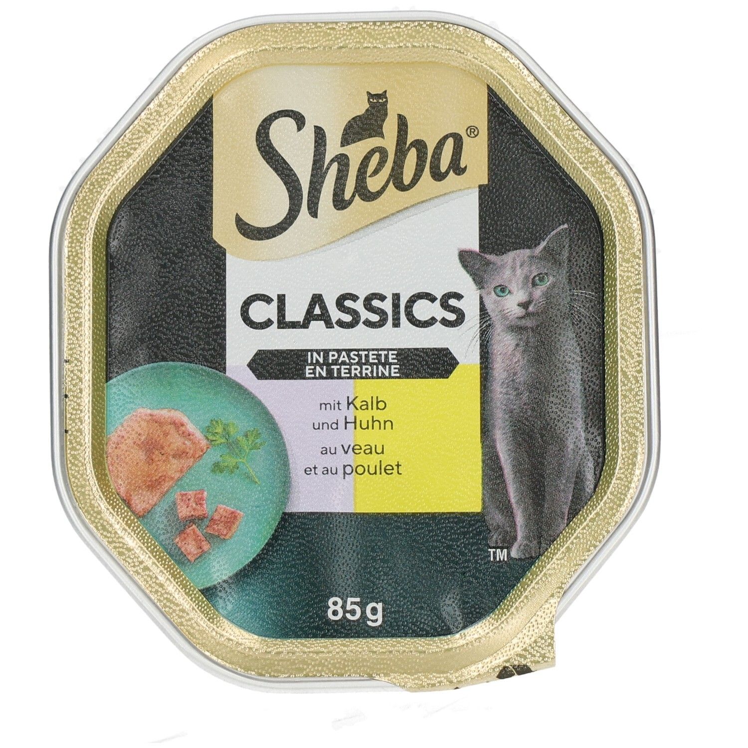 Sheba Classics Pastete mit Kalb und Huhn, 85g. Graue Katze sitzt neben einem Teller mit Futter.