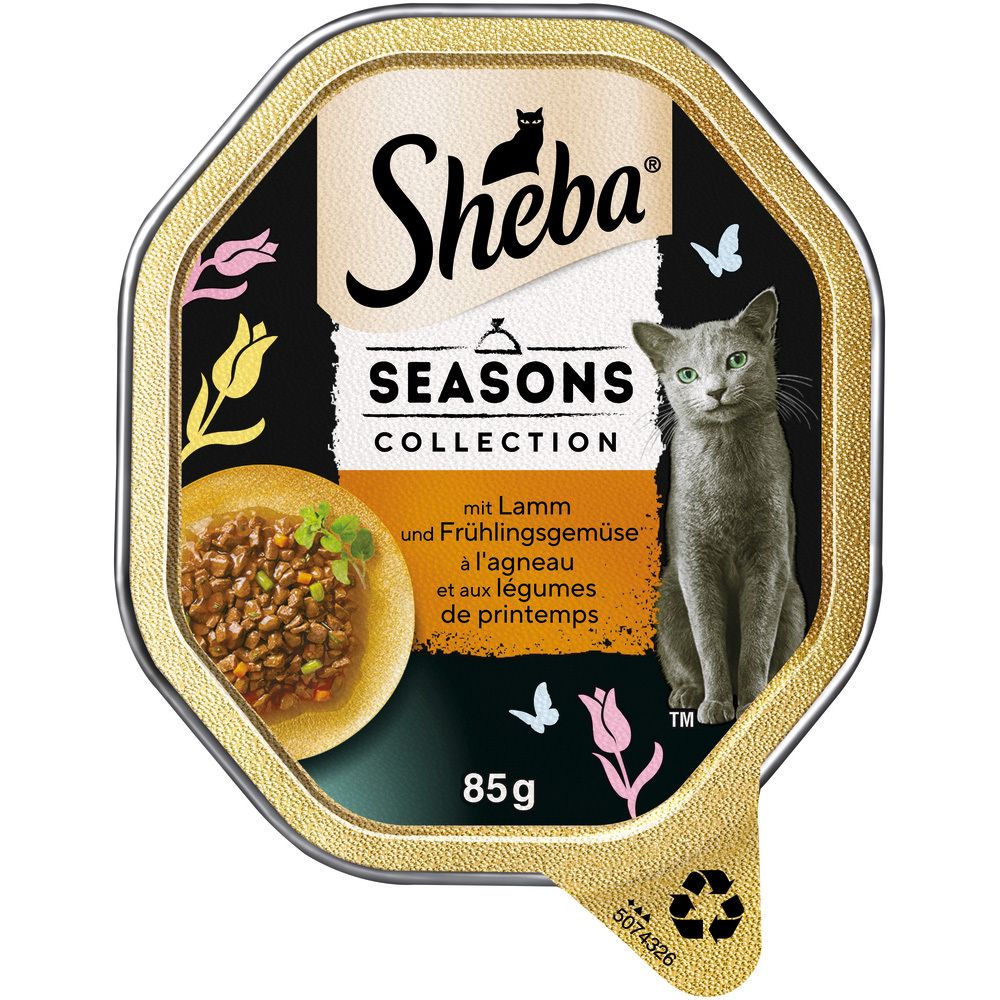Sheba Schale 85g Seasons Collection mit Lamm und Frühlingsgemüse. Katzenfutter in einer Schale mit Lammfleisch und Gemüse.