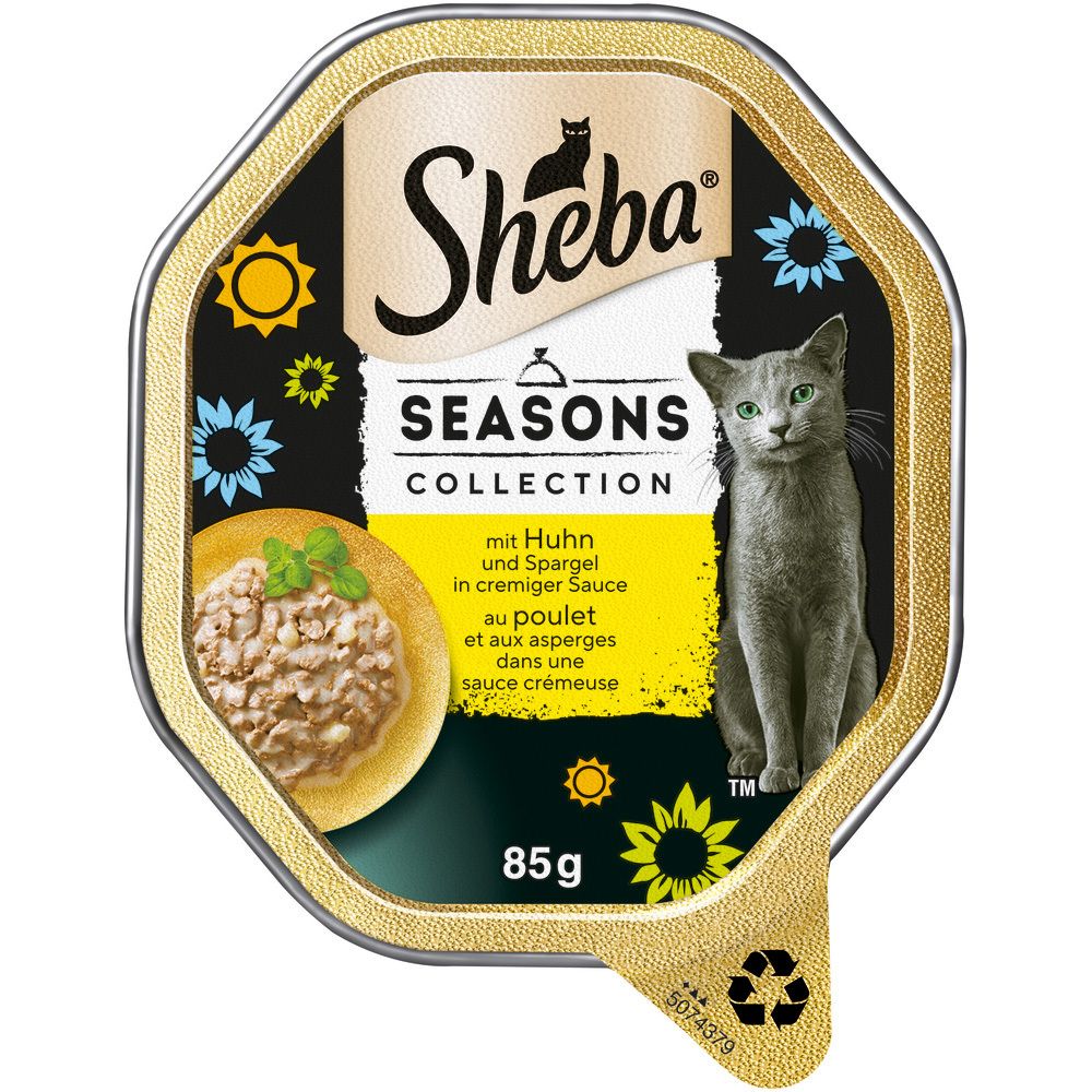 Sheba Schale 85g Seasons Collection mit Huhn und Spargel in cremiger Sauce. Katzenfutter in einer Schale mit Huhn und Spargel.