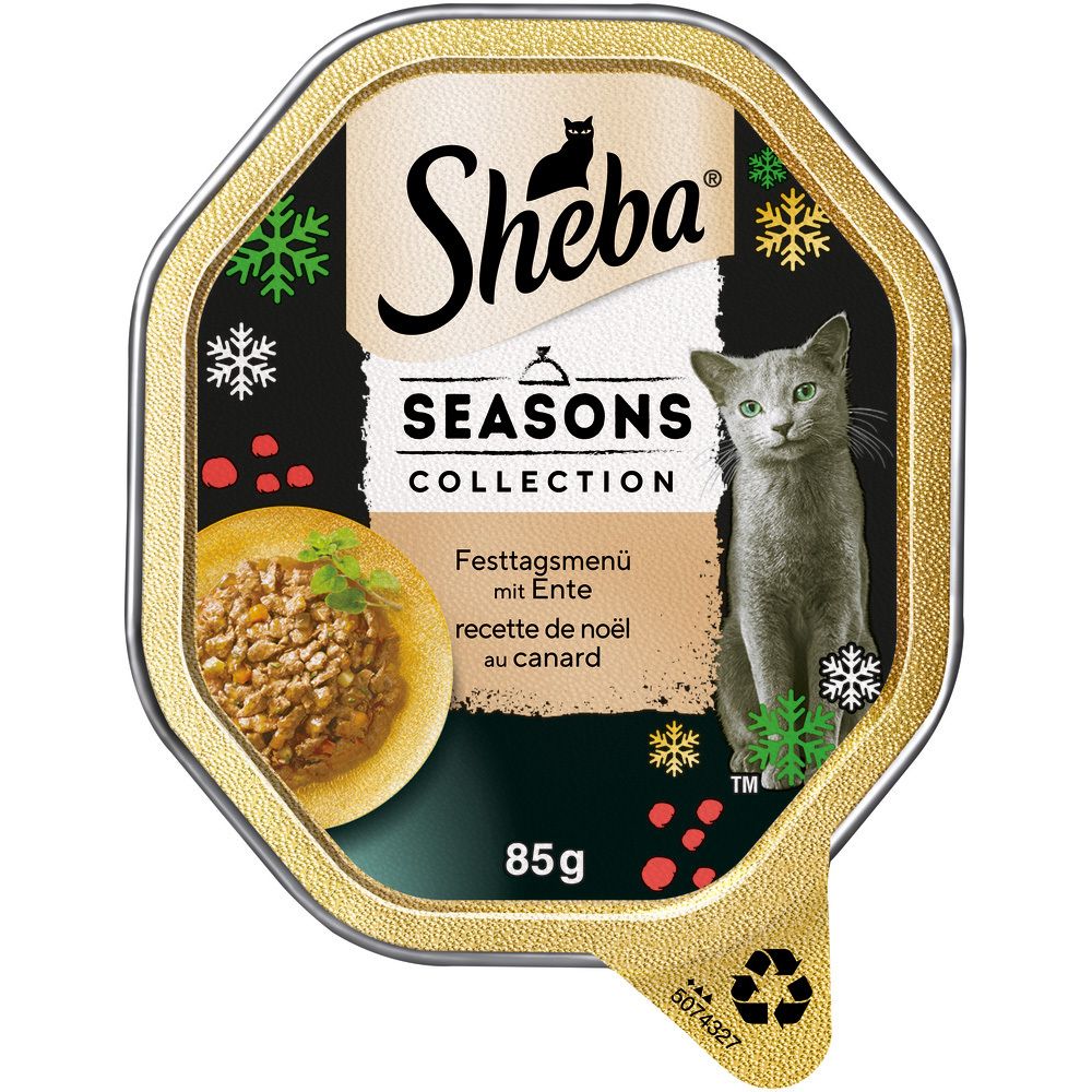 Sheba Schale 85g Seasons Collection Festtagsmenü mit Ente. Katzenfutter in einer Schale mit Entenfleisch.