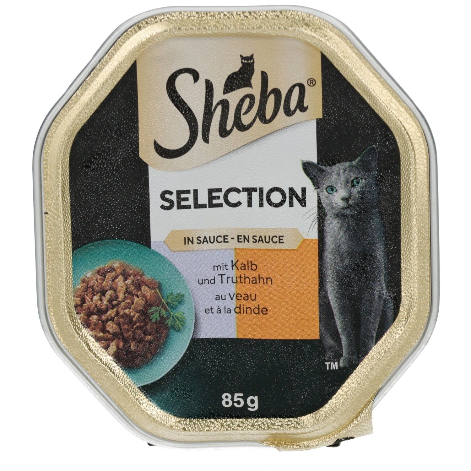 Sheba Selection Schale mit Kalb und Truthahn in Sauce, 85g. Enthält ein Bild einer Katze.