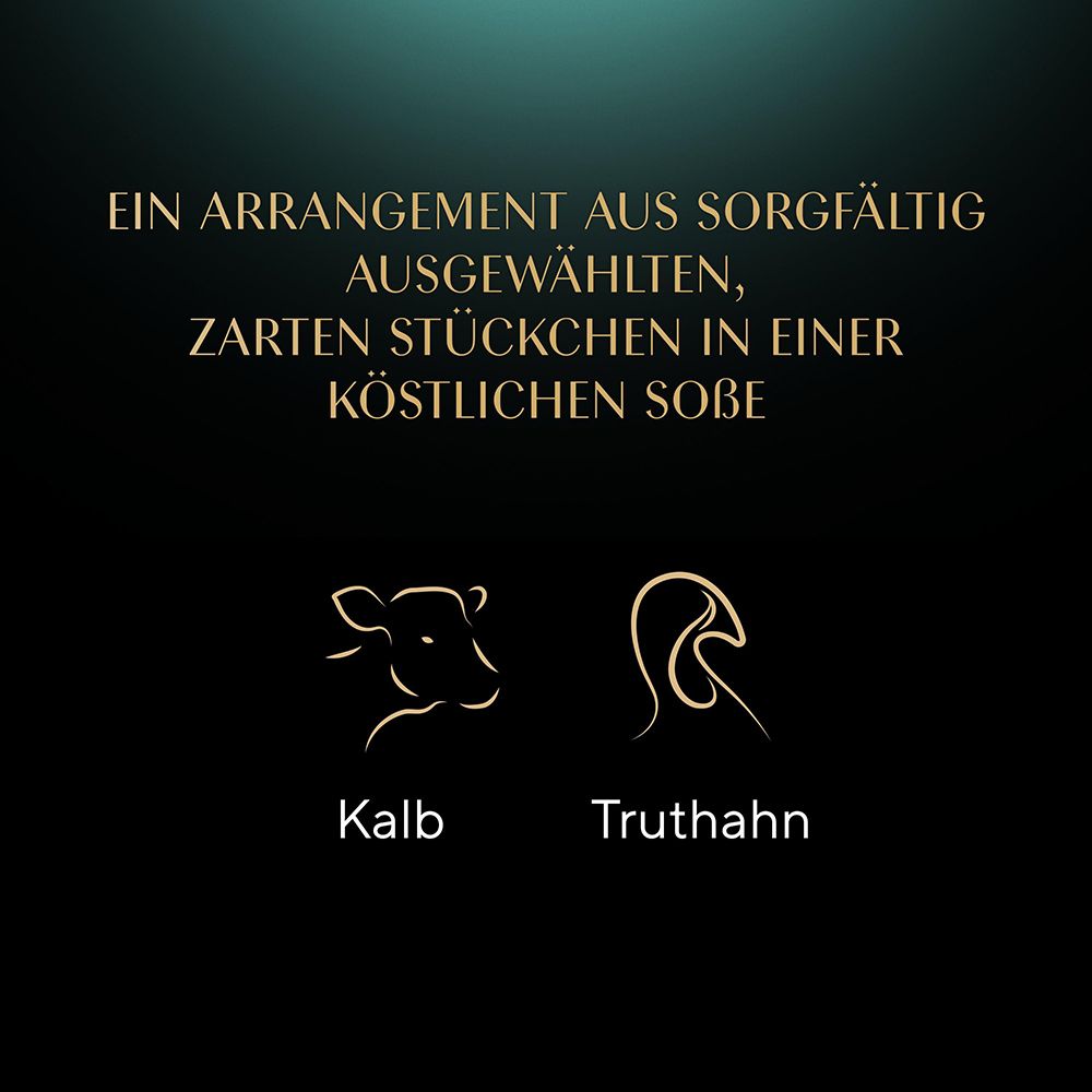 Zutaten: Kalb und Truthahn in einer köstlichen Sauce. Symbole für Kalb und Truthahn.