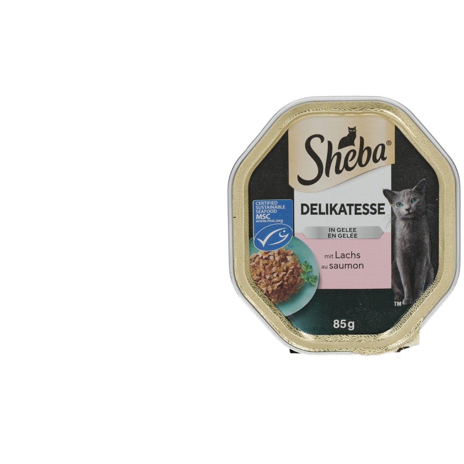 Sheba Schale 85g Delikatesse mit Lachs in Gelee. MSC-zertifizierter Lachs. Graue Katze auf der rechten Seite.