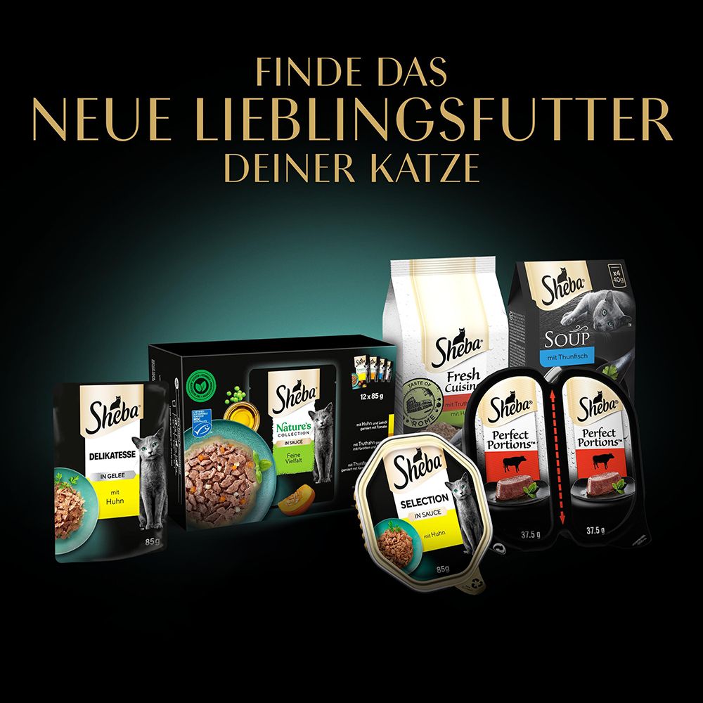 Sortiment von Sheba Katzenfutterprodukten: Schalen, Beutel und Suppen.