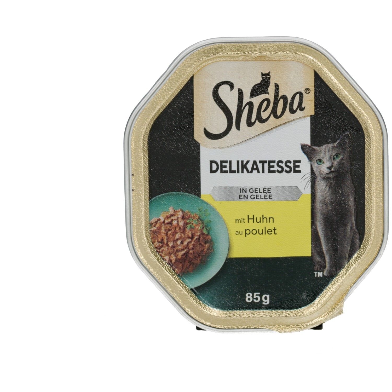 Sheba Schale Delikatessen in Gelee mit Huhn, 85g. Nahaufnahme der Verpackung mit Katze und Futter.