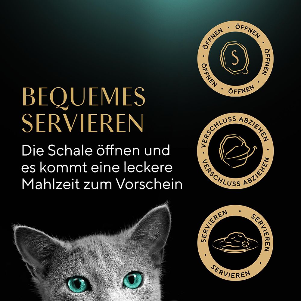 Bequemes Servieren von Katzenfutter. Die Schale öffnen und eine leckere Mahlzeit kommt zum Vorschein.