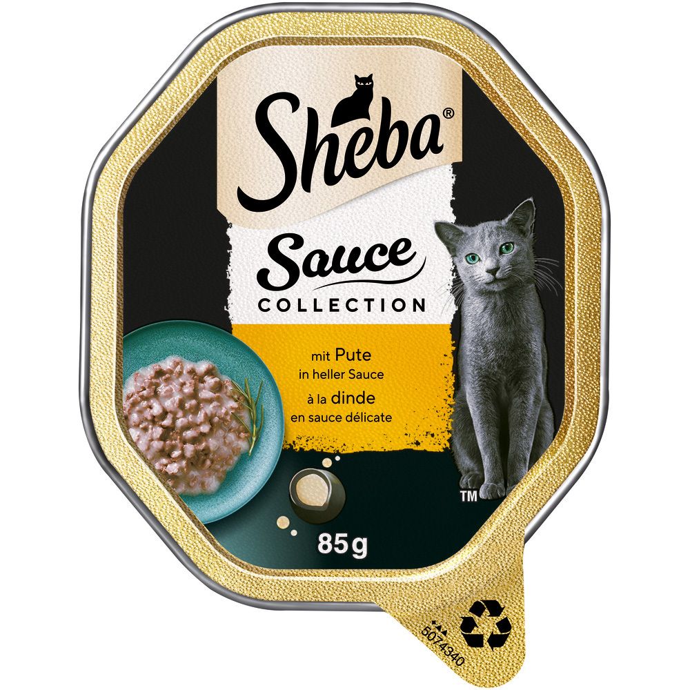 Sheba Schale 85g mit Pute in heller Sauce, mit einem Bild einer Katze.
