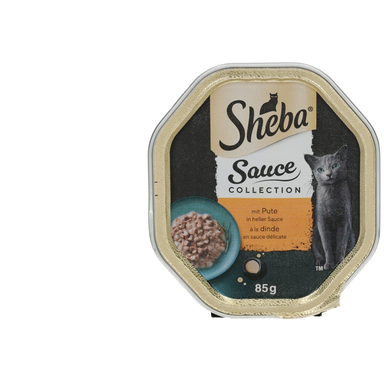 Sheba Schale 85g mit Pute in heller Sauce, mit einem Bild einer Katze.