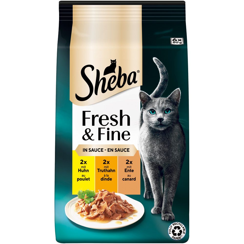 Sheba Fresh & Fine Katzennahrung in Sauce, 6x50g Beutel, Huhn, Truthahn & Ente.