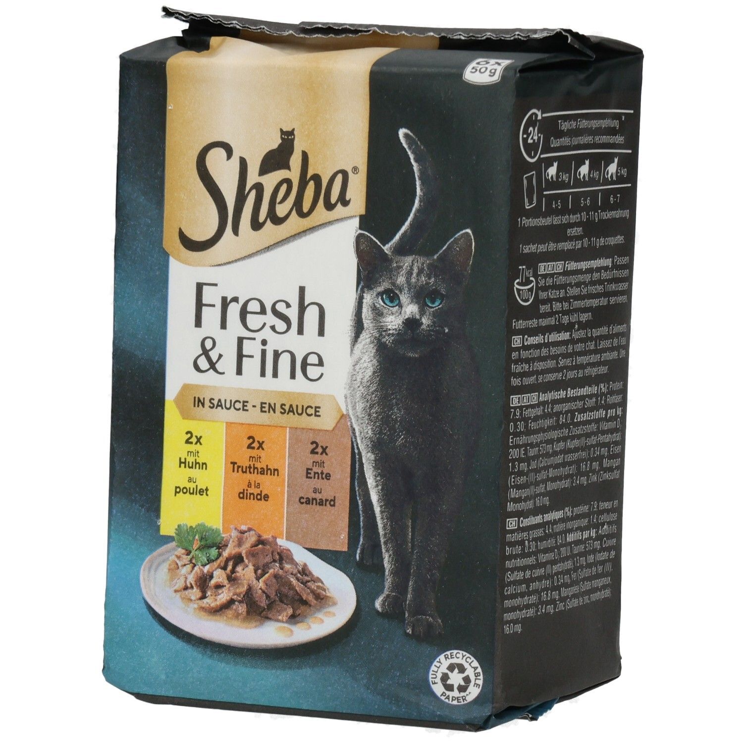 Sheba Fresh & Fine Katzennahrung in Sauce, 6x50g Beutel mit Huhn, Ente und Truthahn.