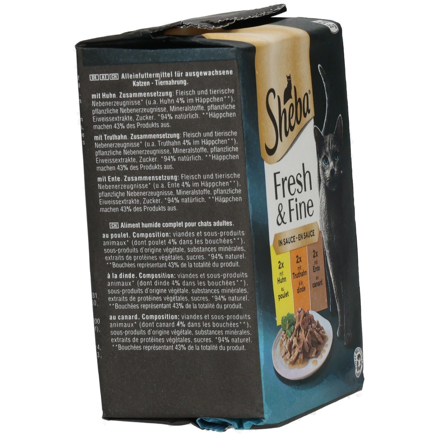 Sheba Fresh & Fine Katzennahrung in Sauce, 6x50g Beutel. Vorderseite mit Text und Katze.