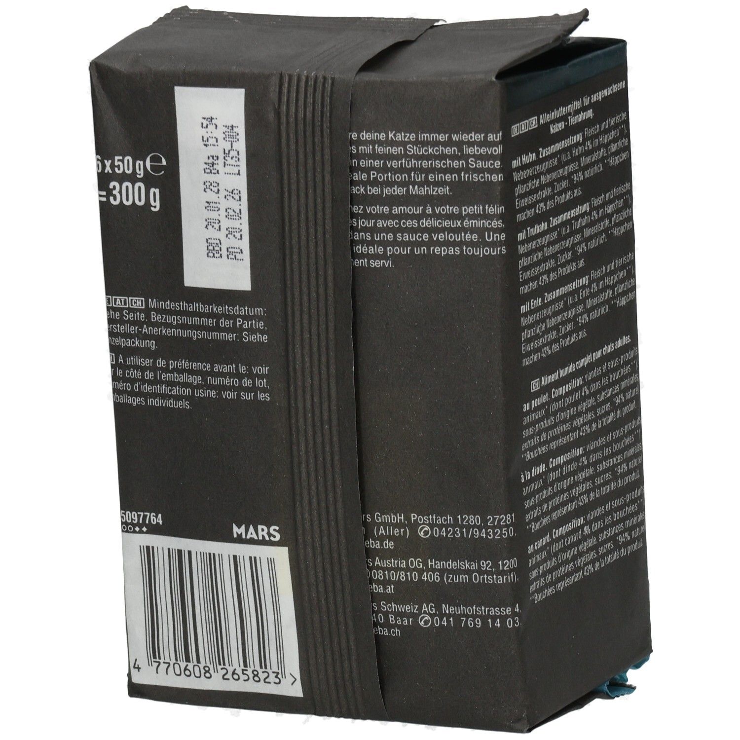 Sheba Fresh & Fine Katzennahrung in Sauce, 6x50g. Seite mit detaillierten Inhaltsstoffen.