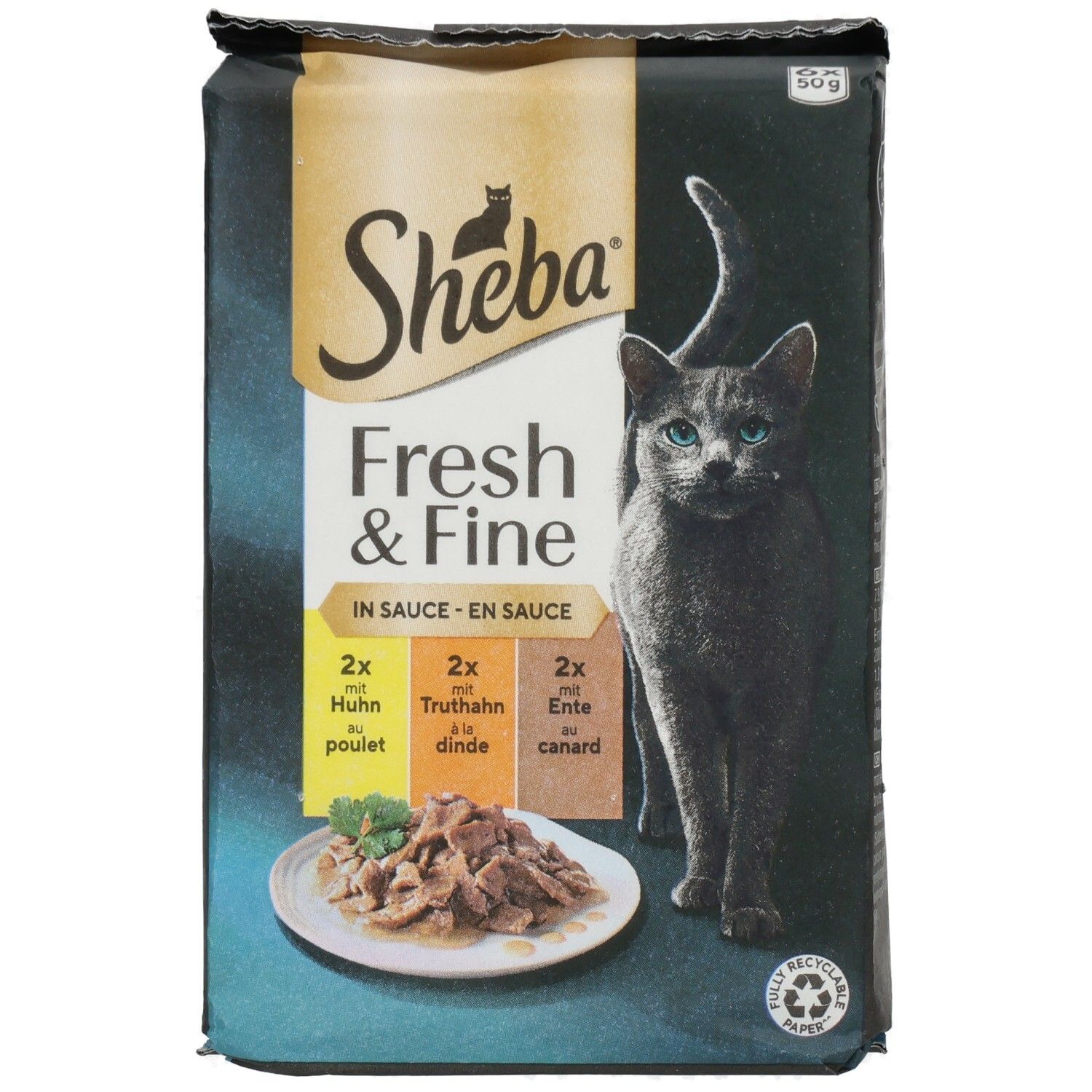 Sheba Fresh & Fine Katzennahrung in Sauce, 6x50g. Seite mit Fütterungsempfehlung und Inhaltsstoffen.