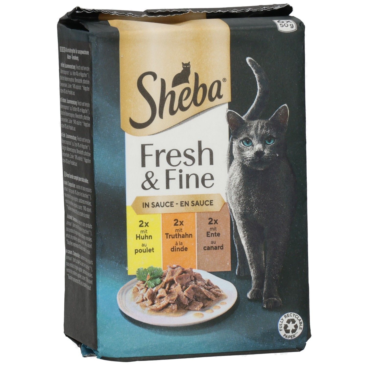 Sheba Fresh & Fine Katzennahrung in Sauce, 6x50g Beutel mit Huhn, Ente und Truthahn.