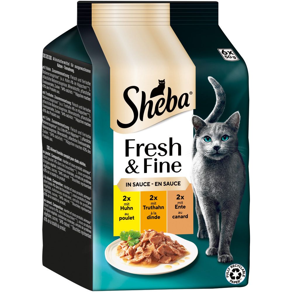 Sheba Fresh & Fine Katzennahrung in Sauce, 6x50g Beutel, Huhn, Truthahn & Ente. Rückseite mit Text.