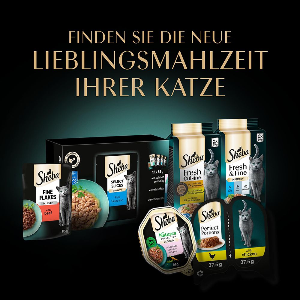 Vielfalt an Sheba Katzennahrungsprodukten, darunter Fresh & Fine.