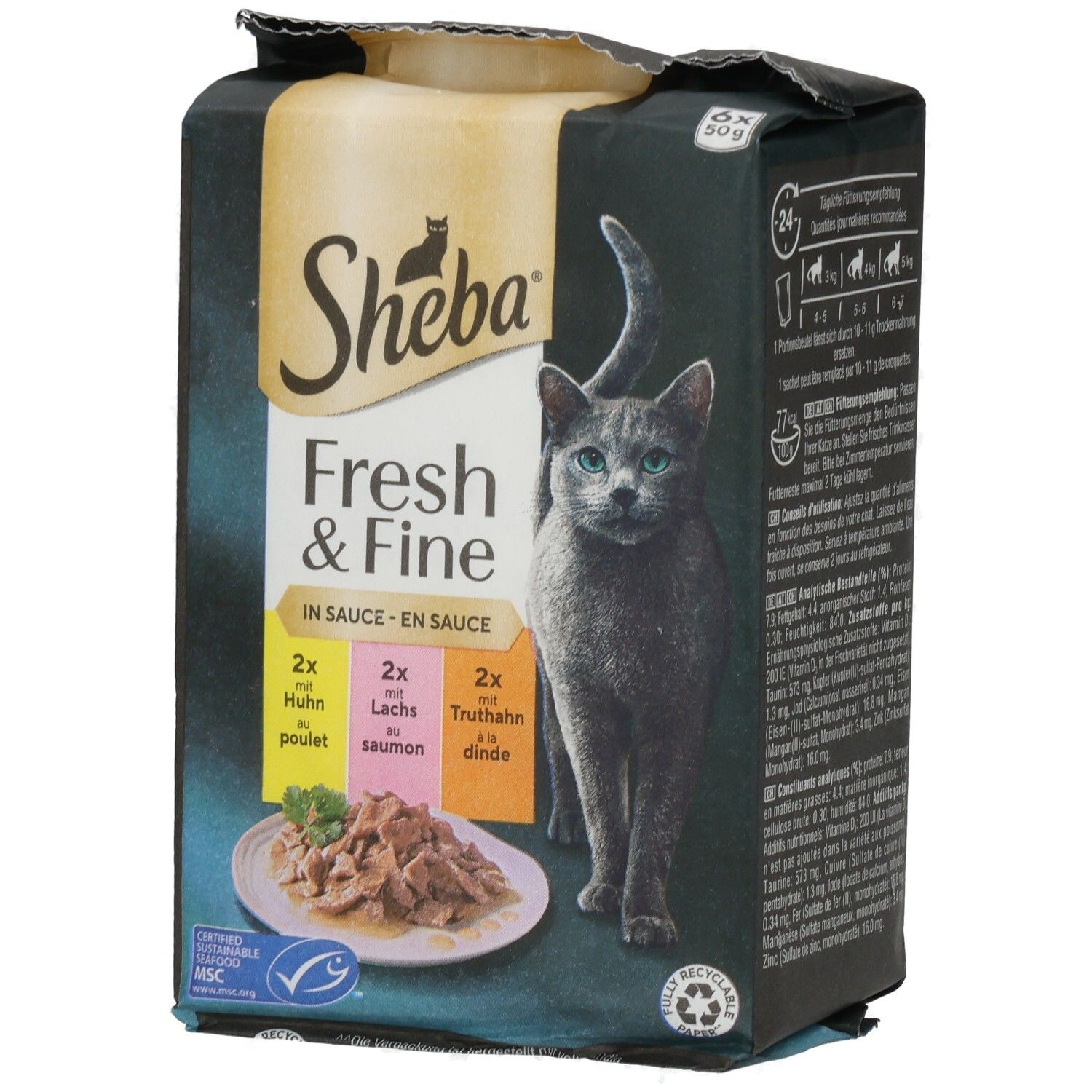 Sheba Fresh & Fine Katzennahrung in Sauce, 6x50g Beutel, Huhn, Lachs, Truthahn.