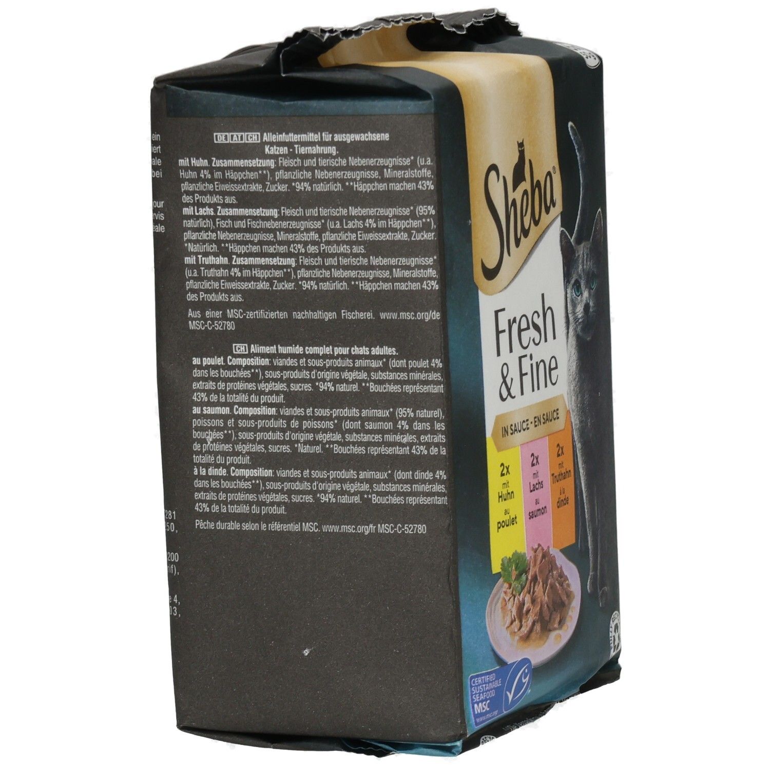 Sheba Fresh & Fine Katzennahrung in Sauce, 6x50g Beutel, Huhn, Lachs, Truthahn.
