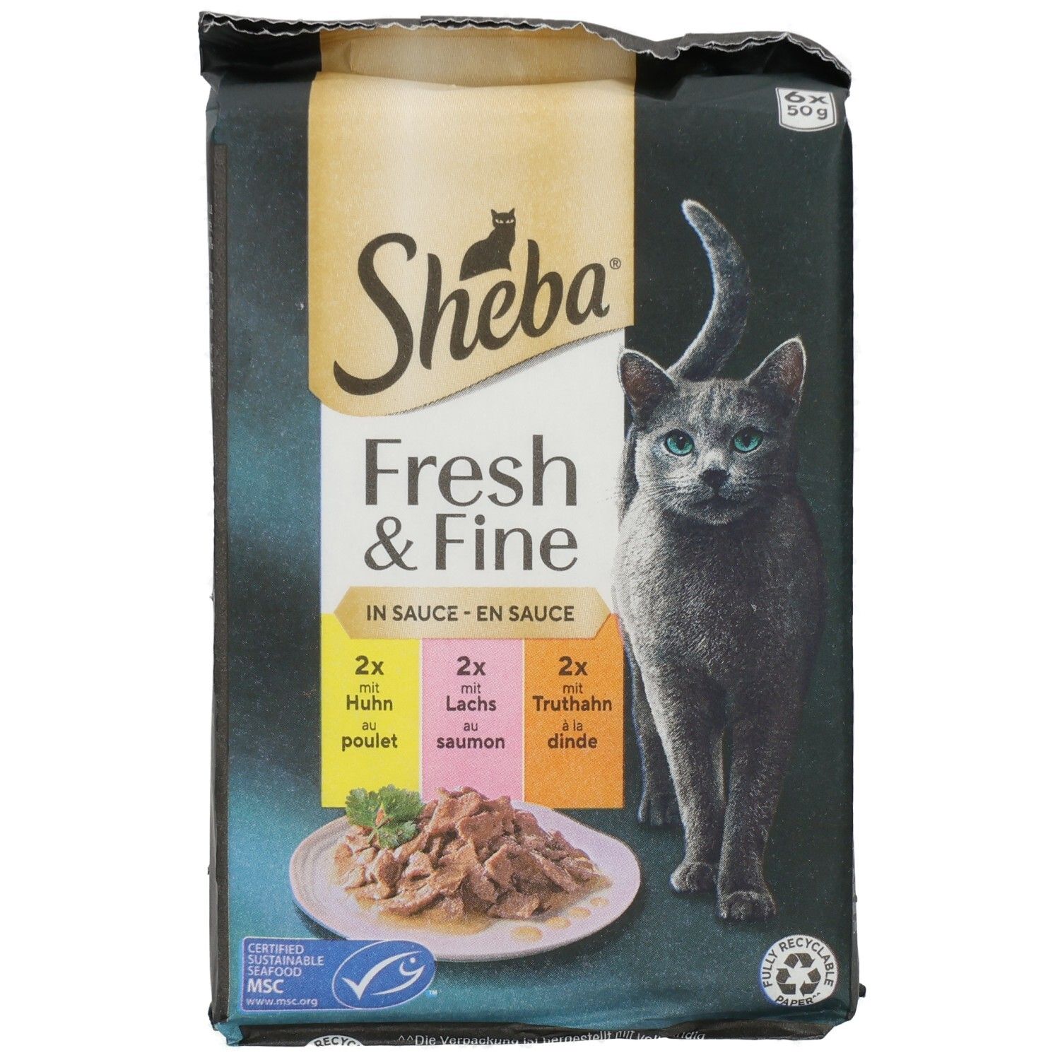 Sheba Fresh & Fine Katzennahrung in Sauce, 6x50g Beutel, Huhn, Lachs, Truthahn.