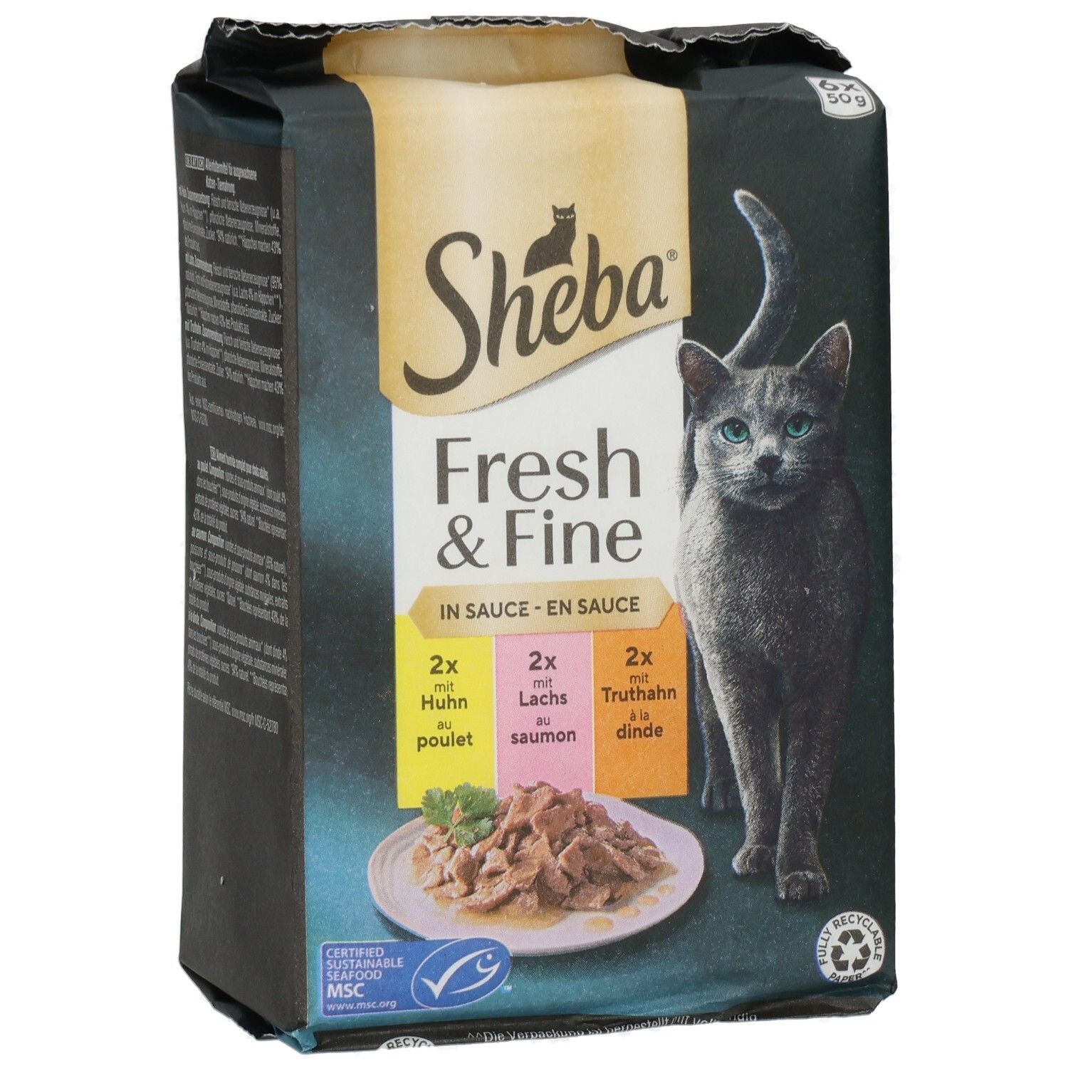 Sheba Fresh & Fine Katzennahrung in Sauce, 6x50g Beutel, Huhn, Lachs, Truthahn.