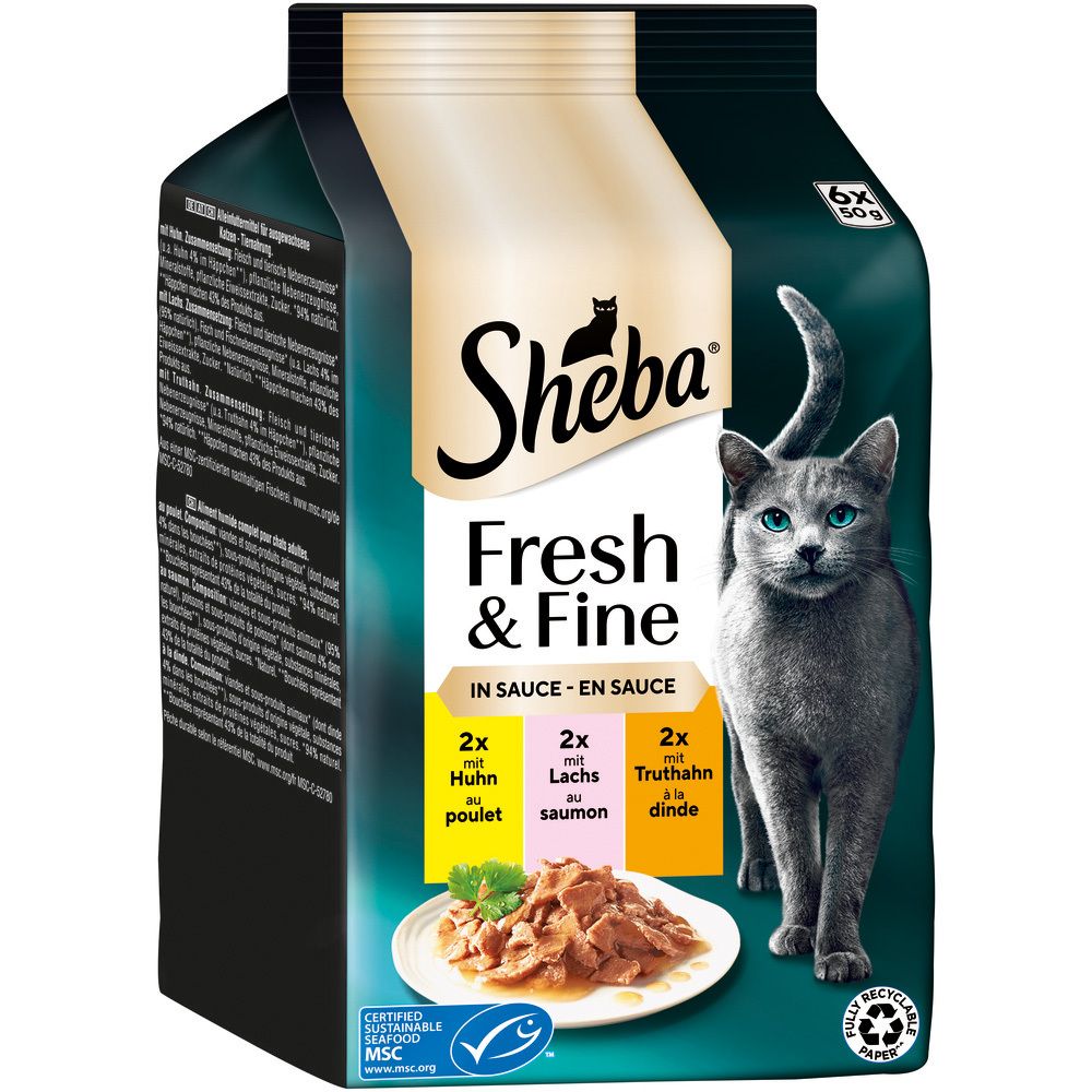 Sheba Fresh & Fine Katzennahrung in Sauce, 6x50g Beutel, Huhn, Lachs, Truthahn.