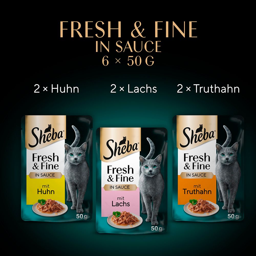 Sheba Fresh & Fine: 2x Huhn, 2x Lachs, 2x Truthahn in Sauce, 6x50g Beutel.