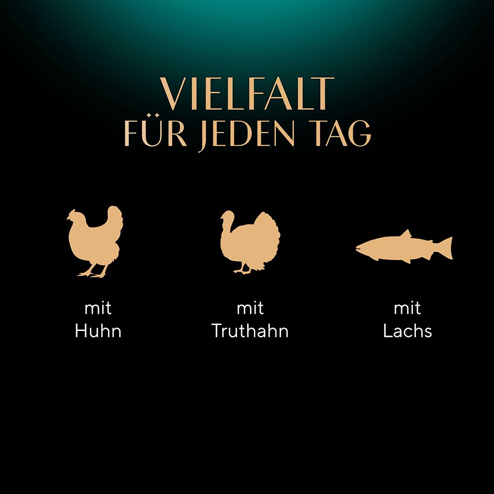 Sheba Vielfalt für jeden Tag: mit Huhn, mit Truthahn, mit Lachs.