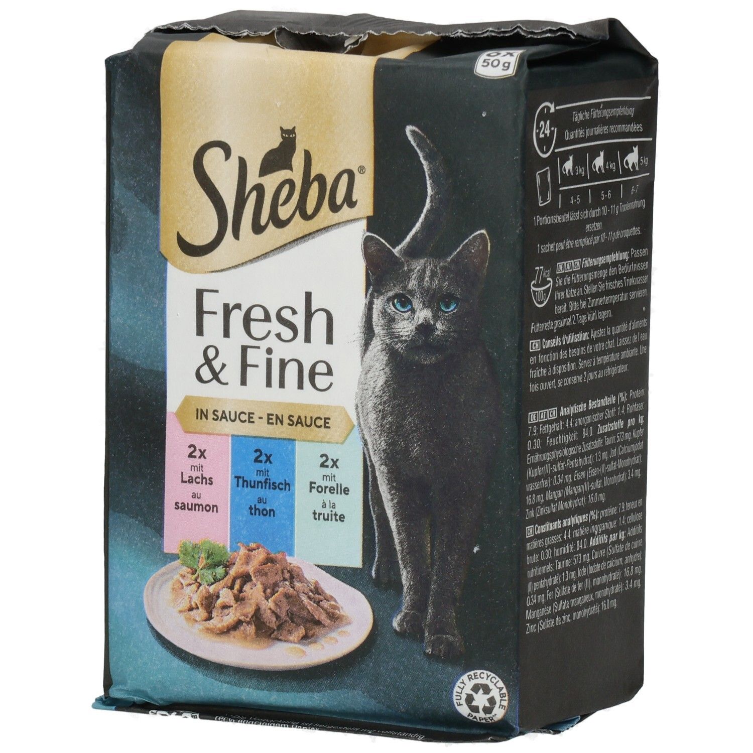 Sheba Fresh & Fine Katzennahrung in Sauce, 6x50g Beutel: Lachs, Thunfisch, Forelle. Mit Katze und Schüssel Futter.