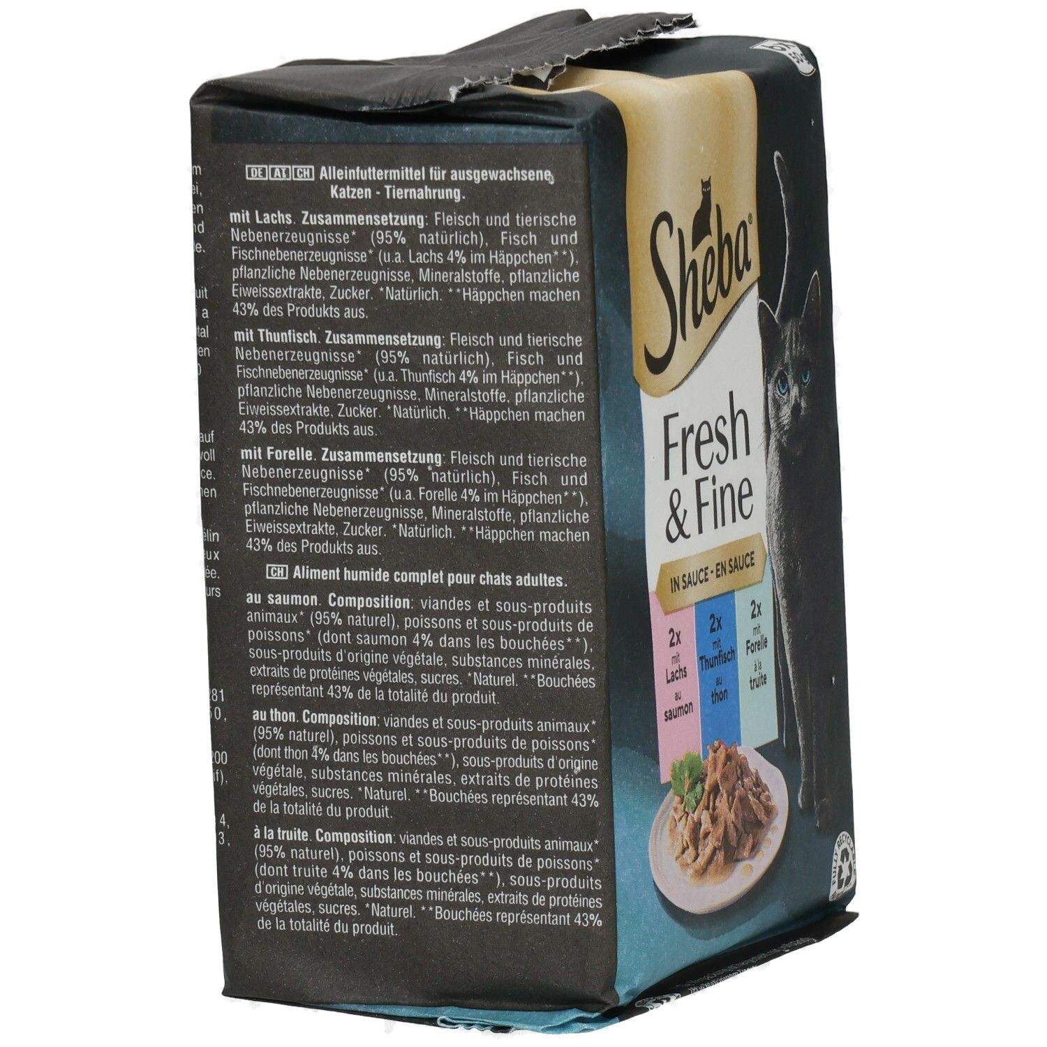 Sheba Fresh & Fine Katzennahrung in Sauce, 6x50g Beutel: Lachs, Thunfisch, Forelle. Rückseite mit Nährwertangaben und Katze.