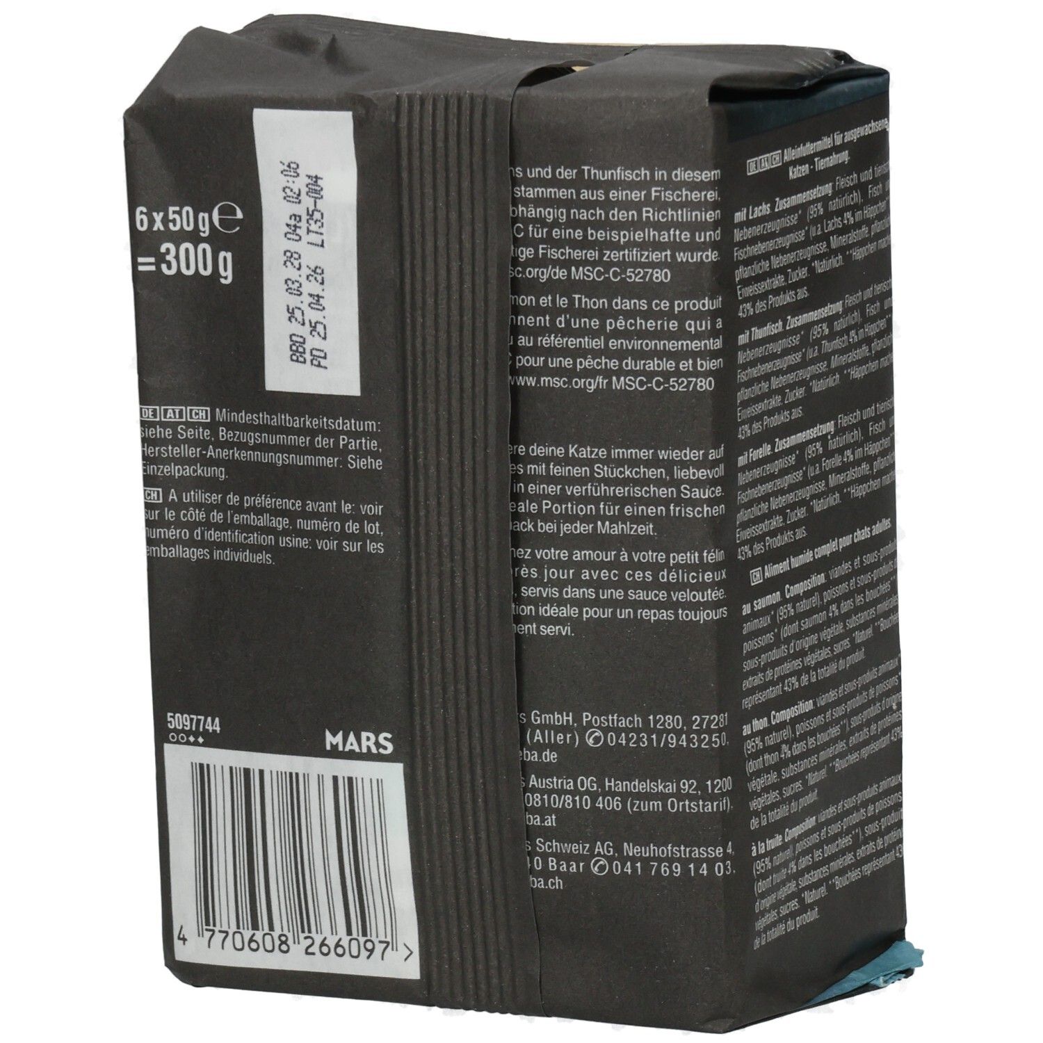 Sheba Fresh & Fine Katzennahrung in Sauce, 6x50g Beutel: Lachs, Thunfisch, Forelle. Seitenansicht mit Nährwertangaben.