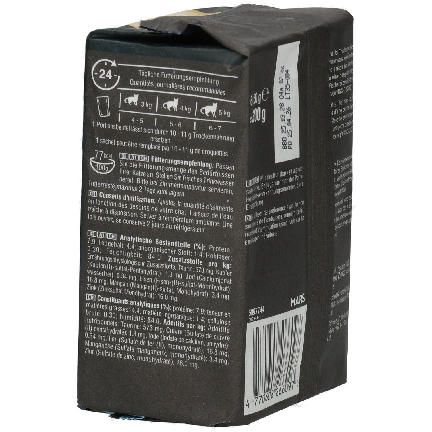 Sheba Fresh & Fine Katzennahrung in Sauce, 6x50g Beutel: Lachs, Thunfisch, Forelle. Rückseite mit Barcode und Herstellerangaben.