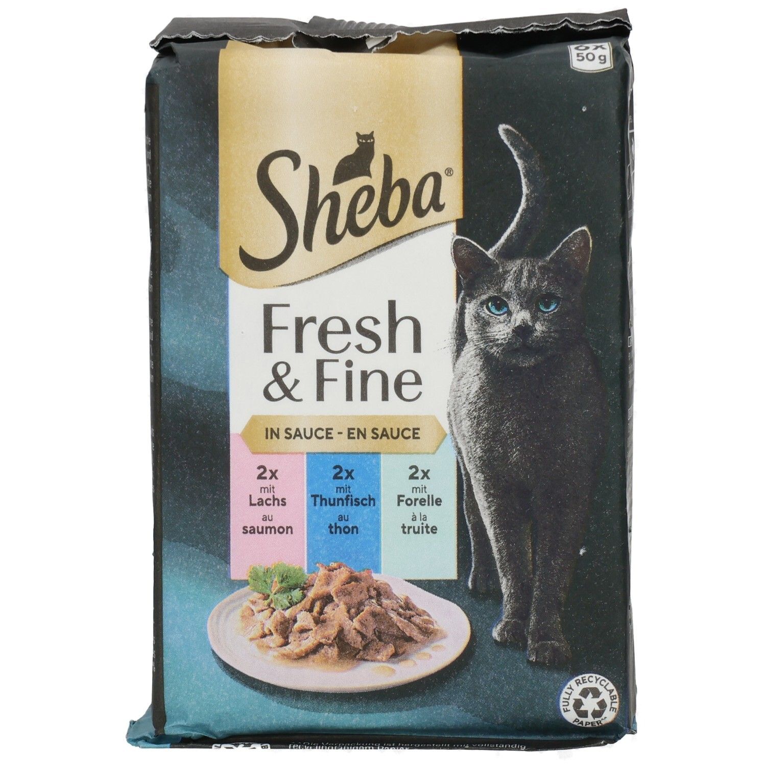 Sheba Fresh & Fine Katzennahrung in Sauce, 6x50g Beutel: Lachs, Thunfisch, Forelle. Seitenansicht mit Fütterungsempfehlung.