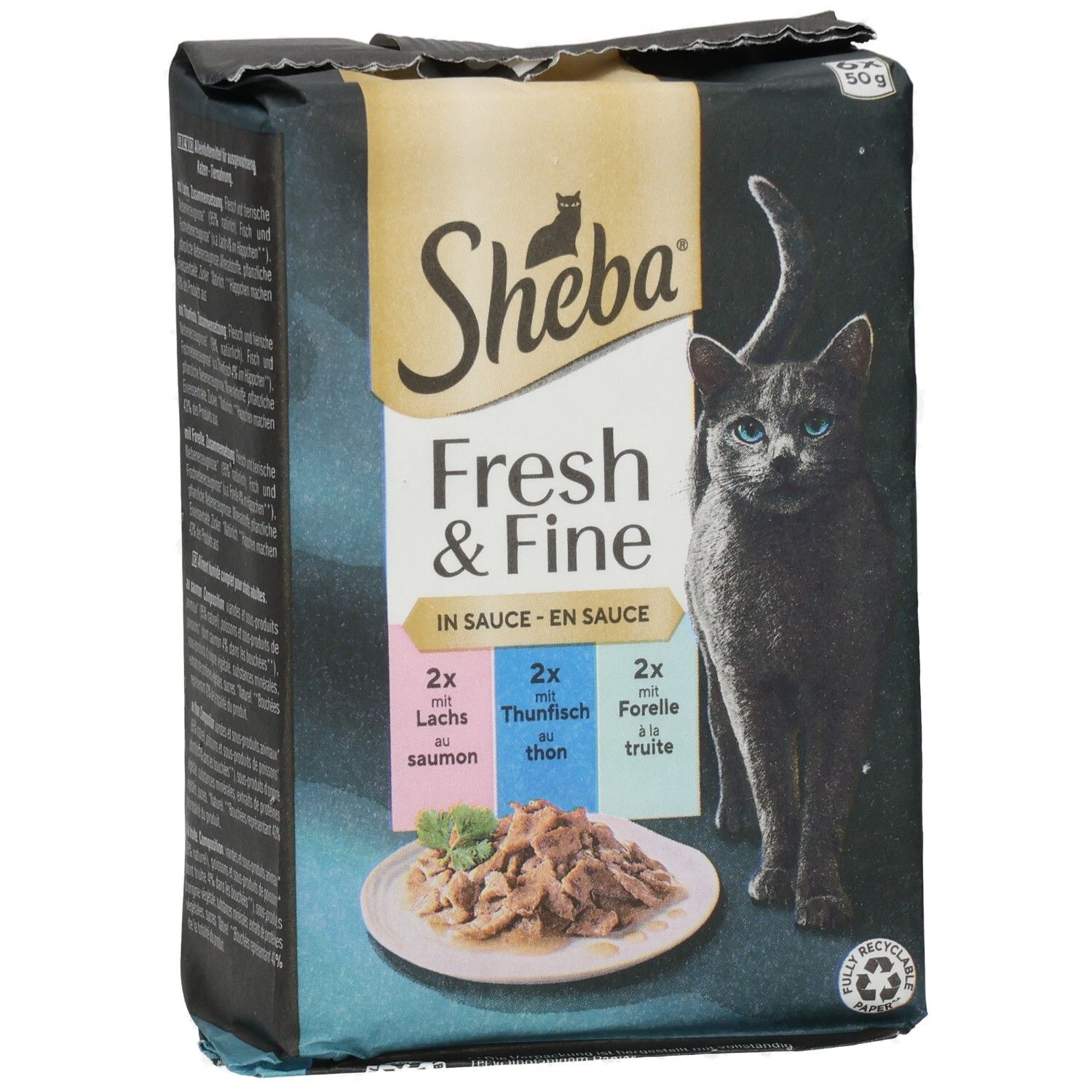 Sheba Fresh & Fine Katzennahrung in Sauce, 6x50g Beutel: Lachs, Thunfisch, Forelle. Mit Katze und Schüssel Futter.