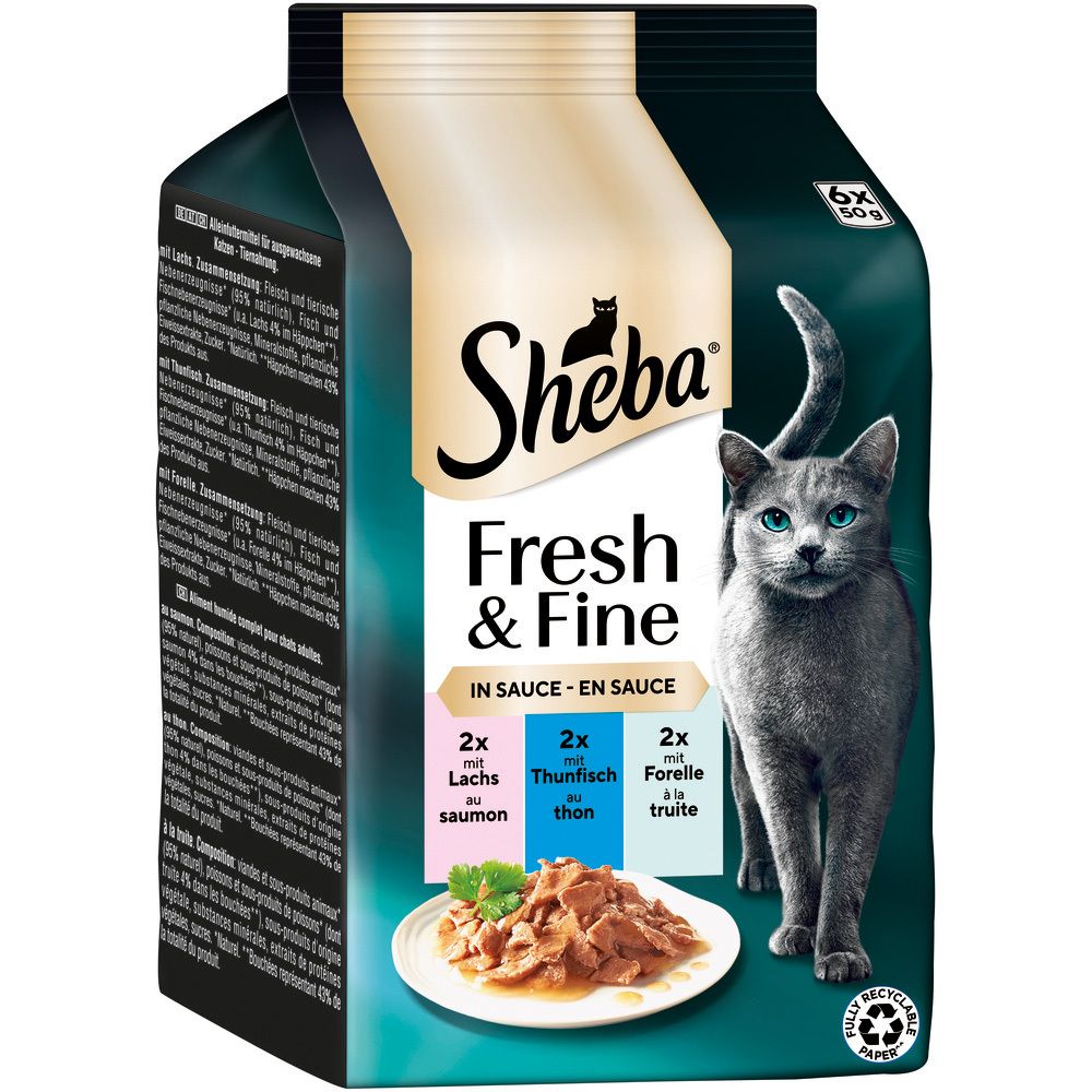 Sheba Fresh & Fine Katzennahrung in Sauce, 6x50g Beutel: Lachs, Thunfisch, Forelle. Rückseite mit Nährwertangaben und Katze.