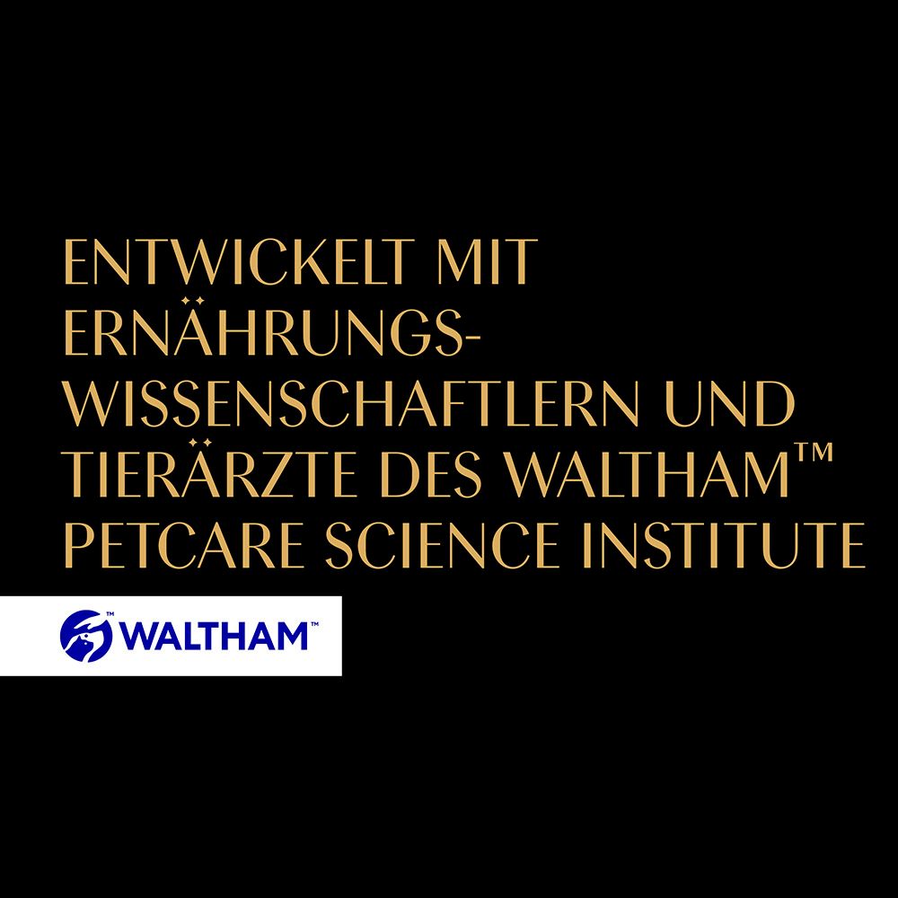 Entwickelt mit Ernährungswissenschaftlern und Tierärzten des Waltham Petcare Science Institute. Logo.