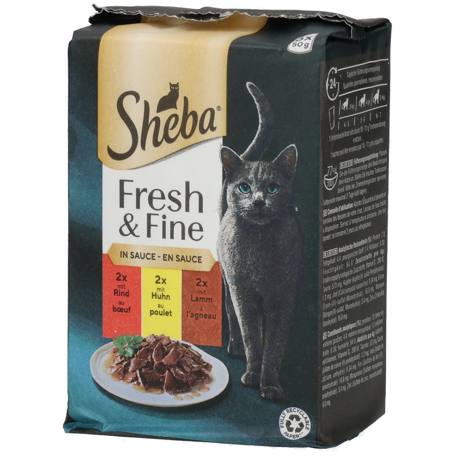 Sheba Fresh & Fine in Sauce 6x50g Packung mit Rind, Huhn und Lamm. Rückseite mit Informationen.