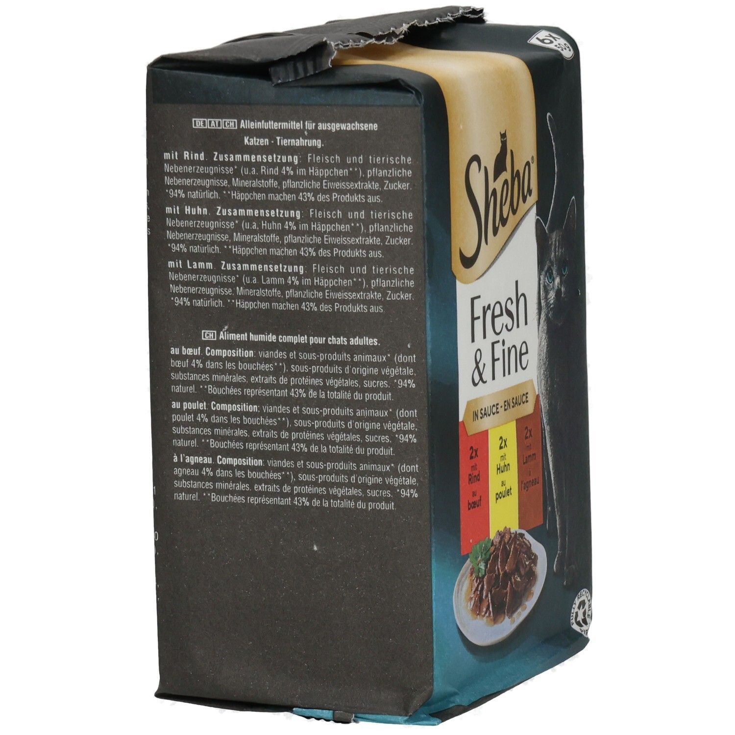 Sheba Fresh & Fine in Sauce 6x50g Packung mit Rind, Huhn und Lamm. Seitenansicht mit Text.